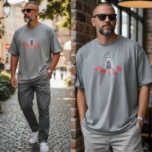 Gray 'Smile' Graphic Tee with Red Logo
